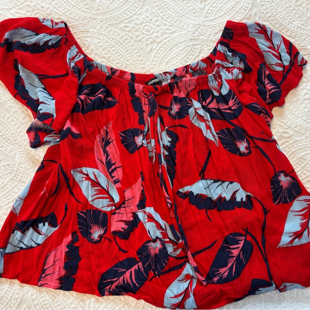 Express Red and Blue Leaf Print Blouse